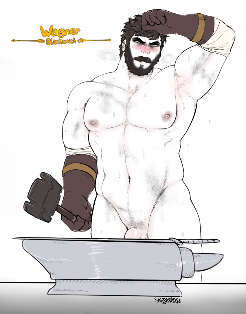 anvil balls bara beard black_hair blush dirty facial_hair genshin_impact gloves hammer male male_only monochrome muscles muscular nude penis sabbasarts solo solo_male sweaty wagner_(genshin_impact)