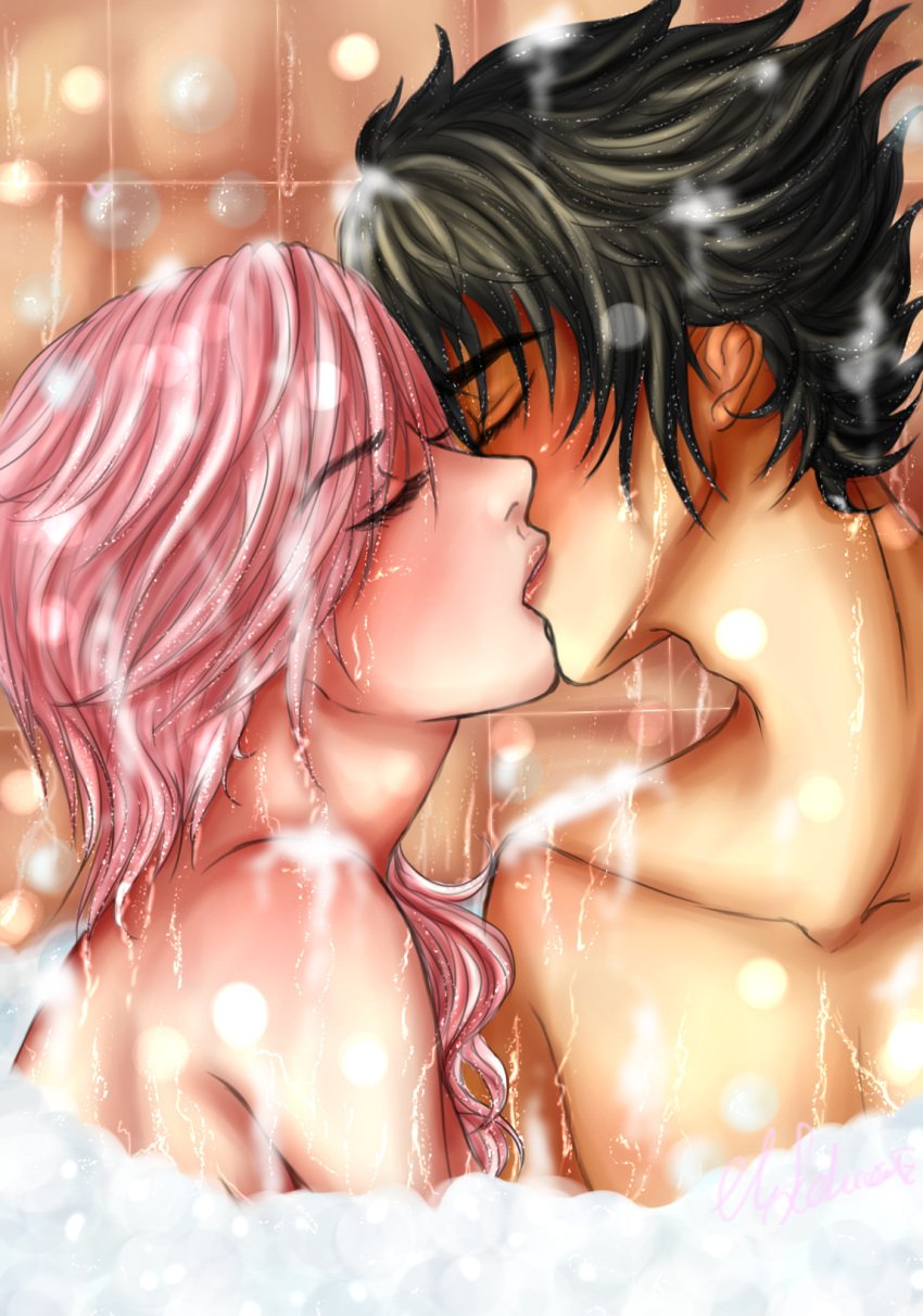 1boy 1girls bath bathing bathing_together black_hair blush bubble_bath bubbles closed_eyes eclair_farron female final_fantasy final_fantasy_xiii final_fantasy_xv implied_sex kissing long_hair male merruschka naked noctis_lucis_caelum pink_hair romantic romantic_couple shared_bathing soap_bubbles spiky_hair square_enix straight upper_body wet wet_hair wet_skin