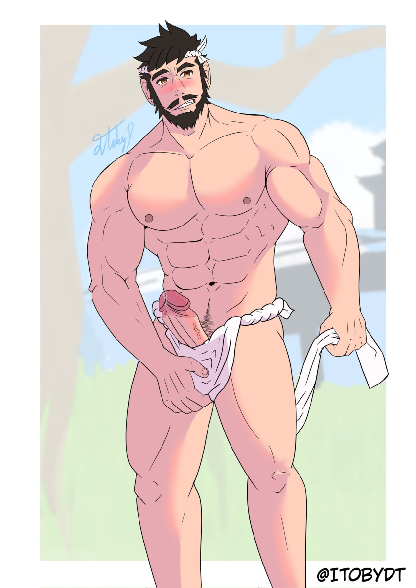 balls bara beard black_hair blush boner erection facial_hair fundoshi fundoshi_down genshin_impact itobydt male male_only muscles muscular penis solo solo_male wagner_(genshin_impact)