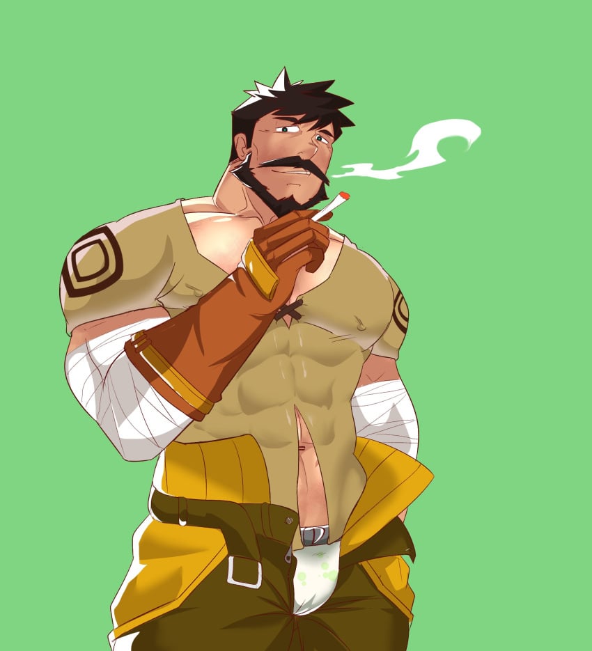 bara beard black_hair bulge cigarette facial_hair fully_clothed genshin_impact gloves male male_only muscles muscular nhstonk open_fly pants shirt solo solo_male wagner_(genshin_impact)