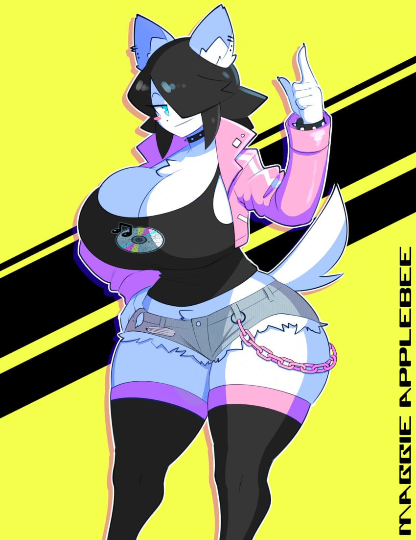 2022 5_fingers anthro big_breasts black_clothing black_hair black_legwear black_shirt black_tank_top black_topwear blue_eyes blush blush_stickers bottomwear bracelet breasts canid canine canis chains character_name chest_tuft cleavage clothed clothing collar cutoffs denim denim_clothing domestic_dog ear_piercing female fingers grey_bottomwear grey_clothing grey_shorts hair hair_over_eye hi_res huge_breasts inner_ear_fluff jacket jewelry legwear looking_at_viewer maggie_applebee mammal one_eye_obstructed piercing pink_clothing pink_jacket pink_topwear shirt short_hair shorts solo spiked_bracelet spiked_collar spikes tank_top theycallhimcake topwear tuft