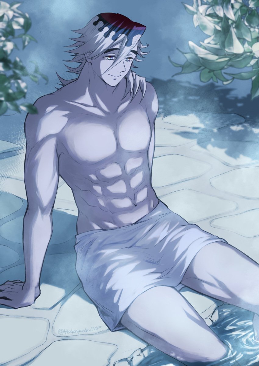 abs demon_slayer detailed_background douma hair_between_eyes hakogardenmiko human human_only kimetsu_no_yaiba long_hair_male male male_only multicolored_hair muscular muscular_male onsen pale-skinned_male pale_skin sitting smile solo spiky_hair steam topless topless_male towel