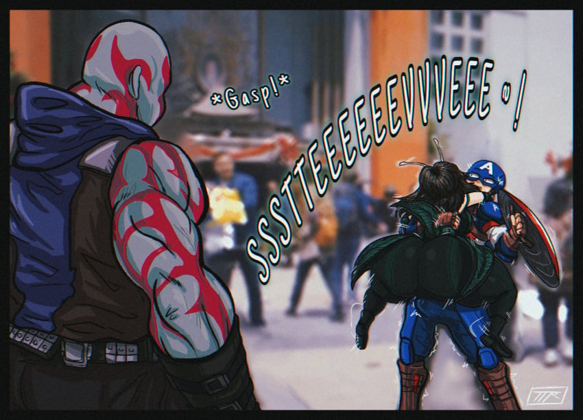 1girls 2boys alien alien_girl antennae bald big_ass big_butt bubble_ass bubble_butt bulge captain_america captain_america_(cosplay) caught_off_guard christmas clothed clothing cosplay dark_hair dialogue digital_media_(artwork) drax_the_destroyer english_text erection female filter fully_clothed green_skin guardians_of_the_galaxy guardians_of_the_galaxy_holiday_special hero heroine hi_res highres huge_ass human jumping kojoarts legs_wrapped_around_partner light-skinned_female light-skinned_male light_skin male mantis_(marvel) marvel marvel_cinematic_universe motion_lines multiple_boys muscular_male naughtypaw_(artist) no_sex penis_bulge public red_marks shield shouting superheroine surprised text tight_clothes tight_clothing ttherandom tthrandom tthrandom_rp twitch_lines