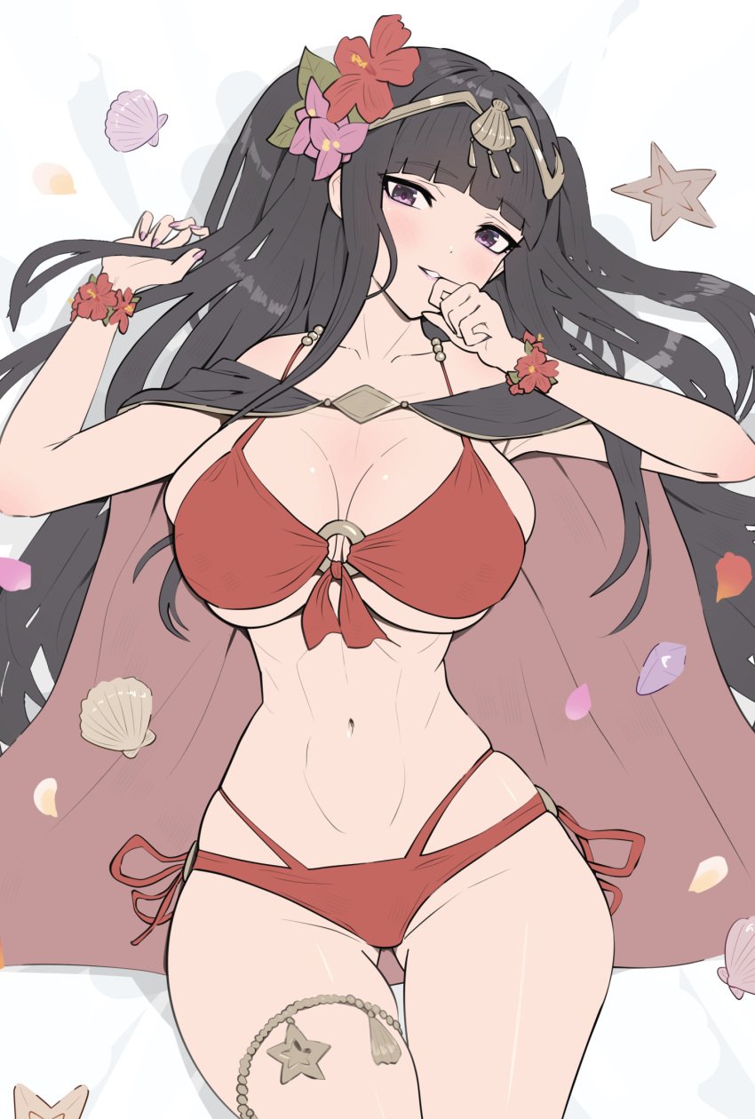 1girls alternate_costume ass_visible_through_thighs bikini black_cape black_hair blush bracelet breasts cape circlet cleavage female female_only fire_emblem fire_emblem_awakening fire_emblem_heroes flower flower_bracelet flower_in_hair gonzarez grin hair_flower hair_ornament hand_on_own_face highres jewelry large_breasts long_hair looking_at_viewer lying_on_back navel nintendo official_alternate_costume purple_eyes red_bikini red_flower red_swimsuit seashell shell smile solo starfish swimsuit tharja_(fire_emblem) tharja_(summer)_(fire_emblem) thick_thighs thighlet underboob white_background