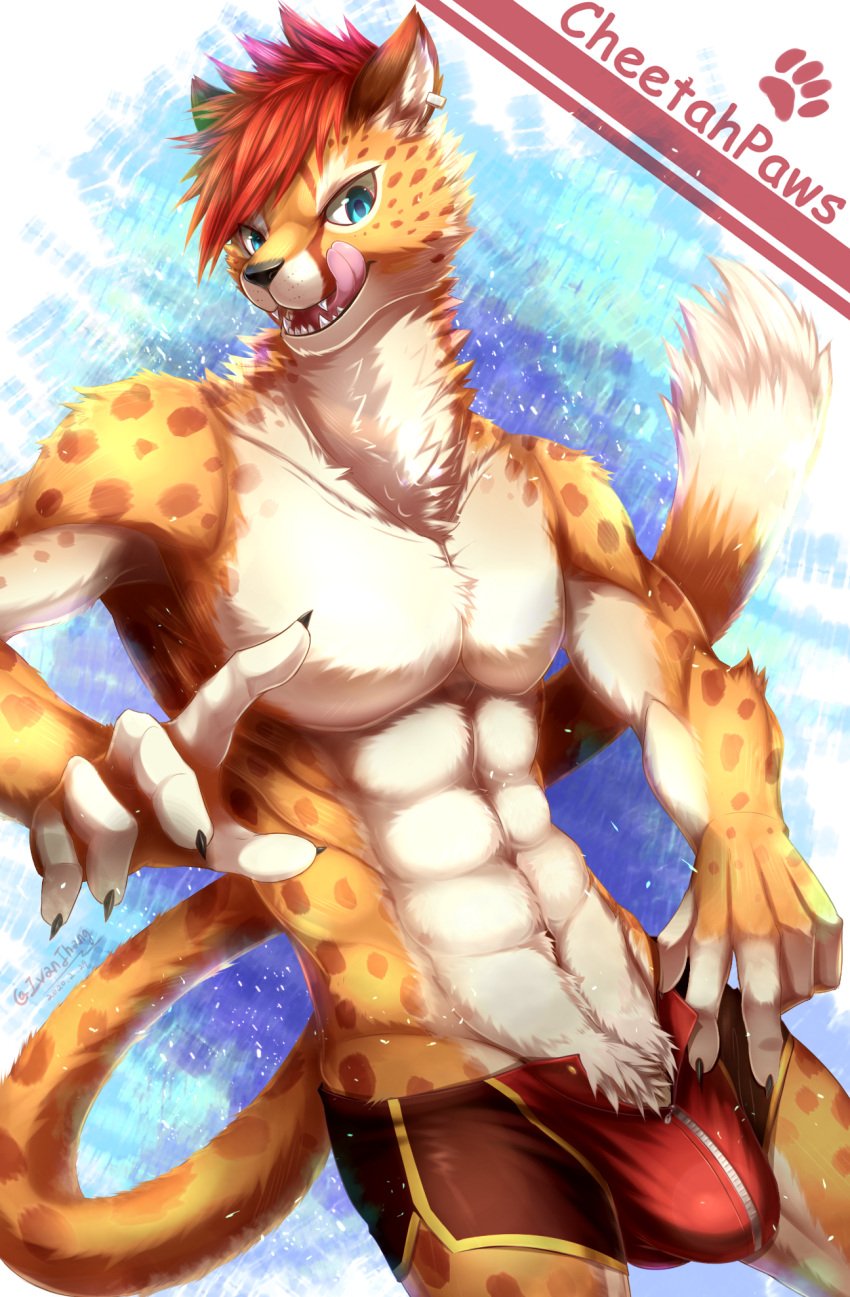 alternate_version_at_source anthro barely_visible_genitalia barely_visible_penis blue_eyes bulge cheetah cheetahpaws_(character) countershading crotch_tuft detailed_bulge ear_piercing felid feline fur genitals hair hi_res ivan-jhang licking licking_lips looking_at_viewer male mammal muscular muscular_anthro muscular_male orange_body orange_fur orange_hair penis piercing sharp_teeth solo spots teeth tongue tongue_out tuft