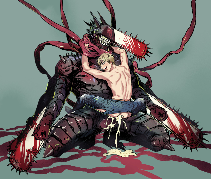 2boys anal ass blonde_hair blood bodily_fluids chainsaw_devil chainsaw_man cum cum_in_ass cum_inside demon denji_(chainsaw_man) duo ejaculation gay genital_fluids hair human hybrid interspecies male male/male mammal not_furry open_mouth pochita_(chainsaw_man) pochita_(devil_form) sex simple_background spoilers torn_pants