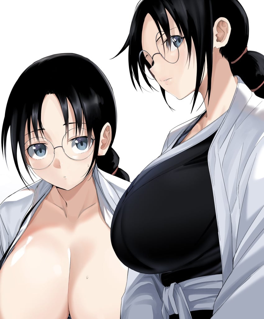 black_hair bleach bleach:_the_thousand-year_blood_war braid breast_hold breasts breasts_out chicke_iii cleavage cropped cropped_torso cum facial female glasses grabbing_own_breast grey_eyes haori highres huge_breasts japanese_clothes katori_batsu'unsai large_breasts lips long_hair looking_away round_eyewear solo taichou_haori voluptuous