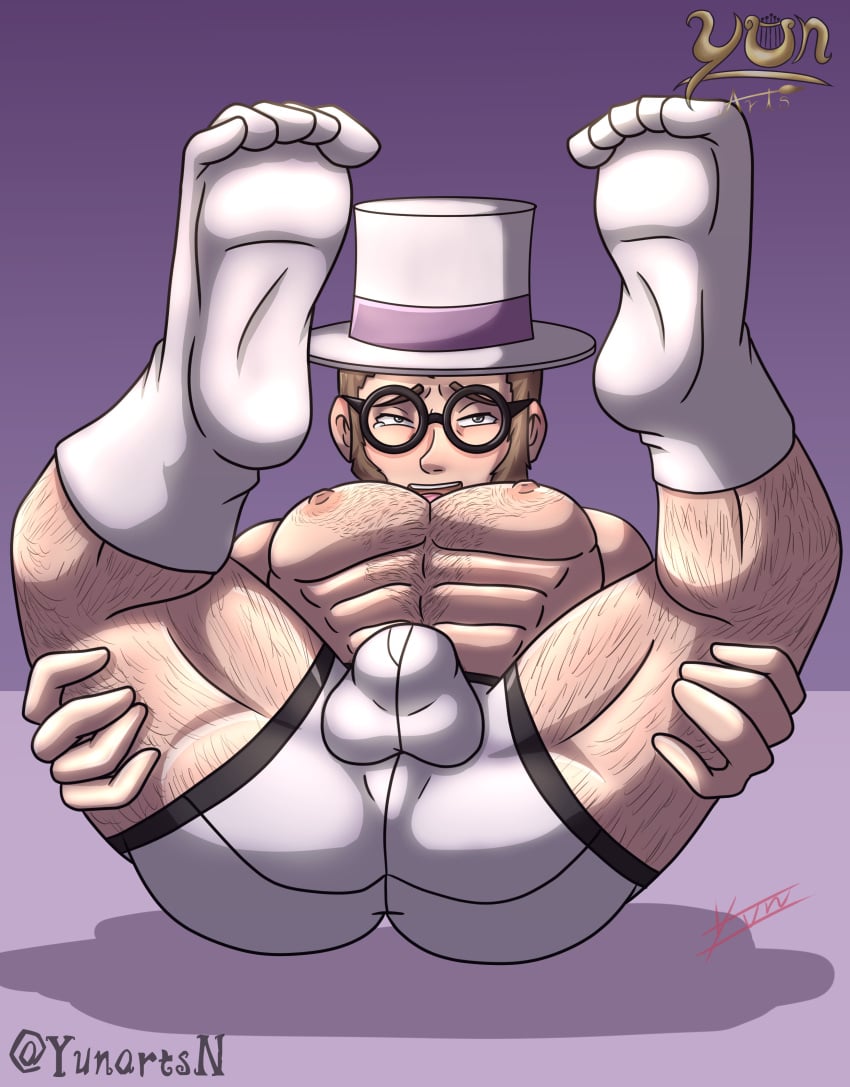 ass ass_focus ass_grab body_hair boxers chest_hair foot_fetish footwear glasses hat identity_v legs legs_up male male_only muscular muscular_male servais_le_roy_(identity_v) socks spread_legs underwear yunartsn