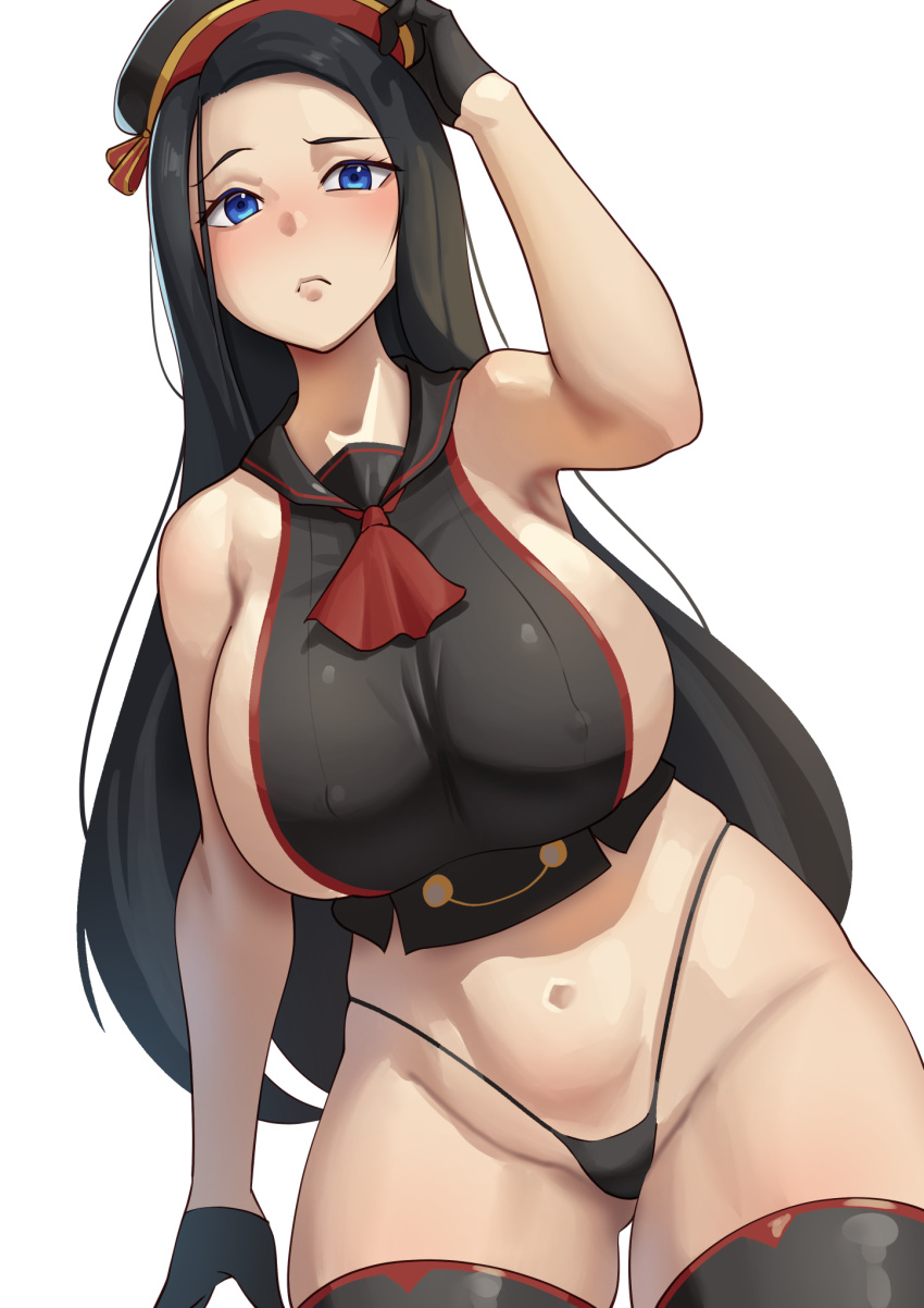 1girls ajidot armpits black_hair blue_eyes blush breasts female female_only gloves hat hi_res huge_breasts invincible_dragon_(last_origin) last_origin light-skinned_female light_skin navel nipple_bulge official_alternate_costume plump sideboob skimpy thick_thighs thighhighs thong white_background