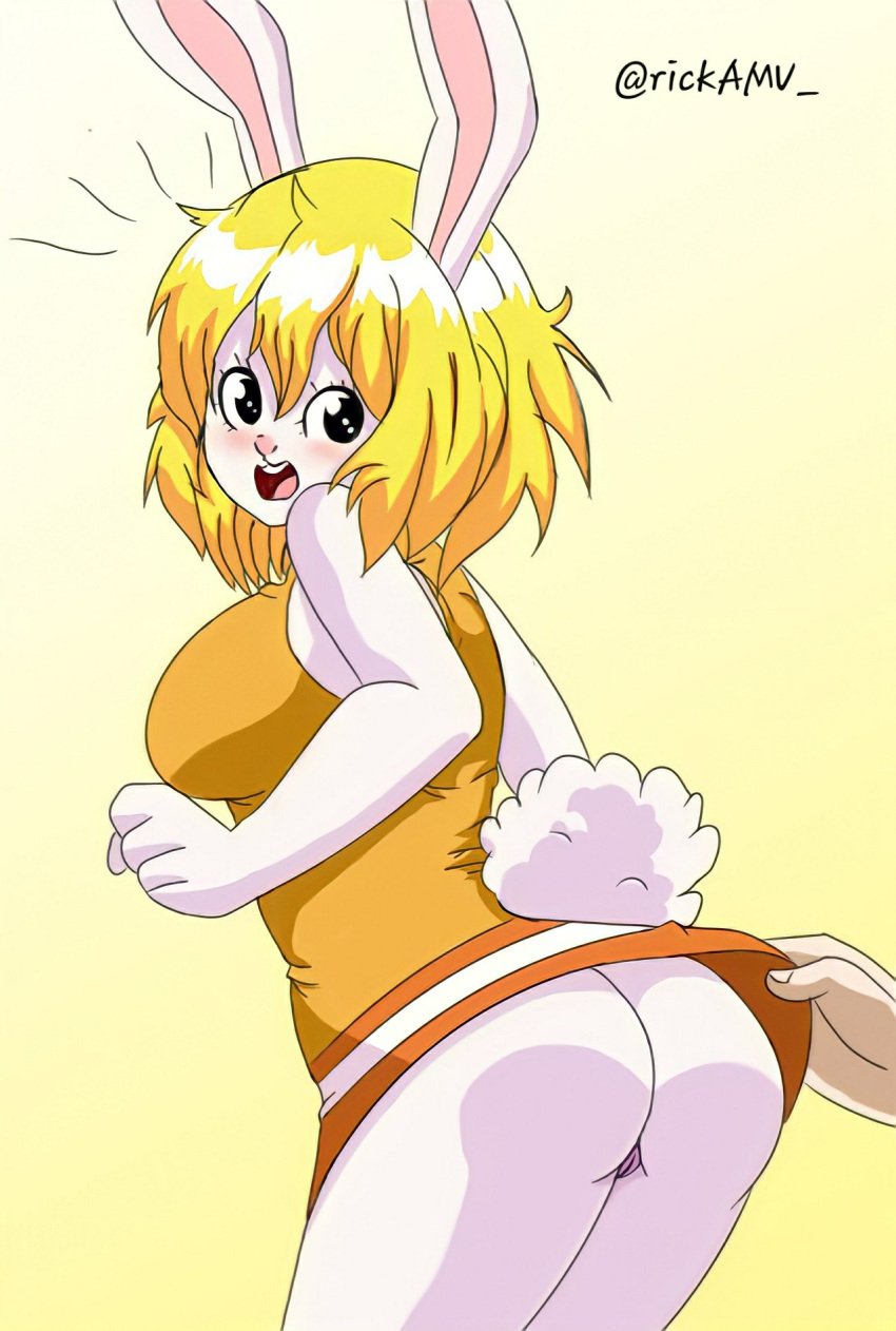 anthro ass blonde_hair breasts carrot_(one_piece) clothed clothing dress duo female female/ambiguous fur genitals hair hand_on_dress hi_res human lagomorph leporid male mammal one_piece peek pussy rabbit rickamv solo_focus spying surprised_expression tail teeth white_body white_fur