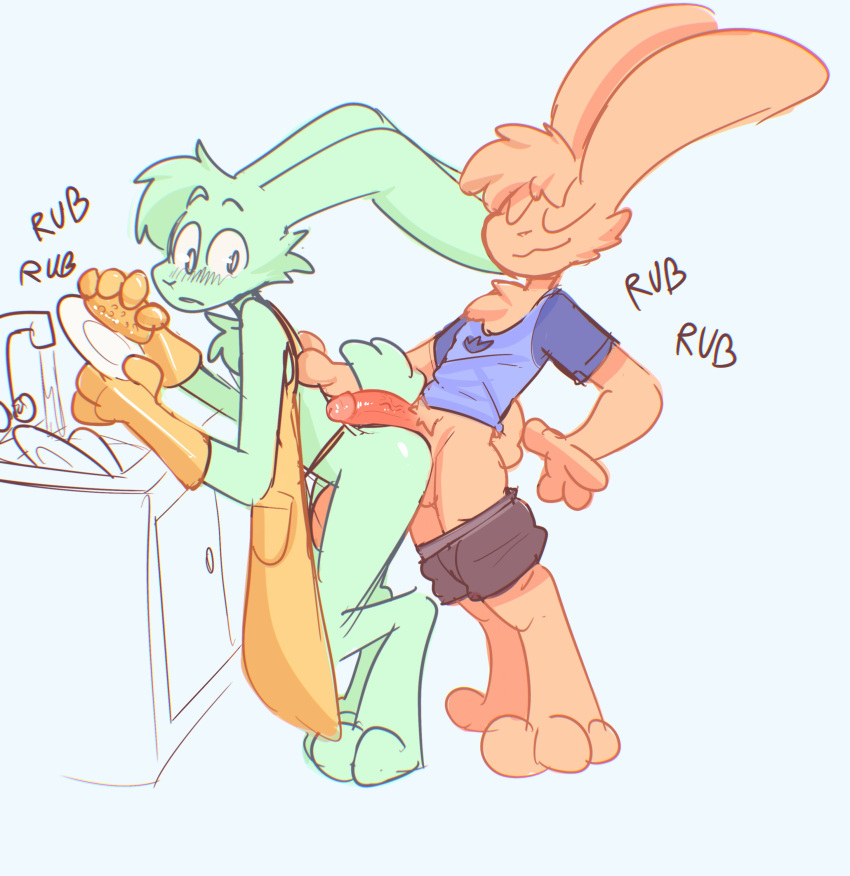 absurd_res anthro apron ass balls blush blush_lines bottomwear bottomwear_down cheek_tuft chest_tuft closed_eyes clothed clothing dishes duo erection facial_tuft fur genitals gloves green_body green_fur handwear hi_res hot_dogging humanoid_genitalia humanoid_penis lagomorph latex_gloves leporid looking_back male male/male mammal orange_body orange_fur pants pants_around_thighs pants_down partially_clothed penis rabbit shirt shorts simple_background smile t-shirt the_xing1 topwear tuft vein veiny_penis washing_dishes white_background wide_eyed