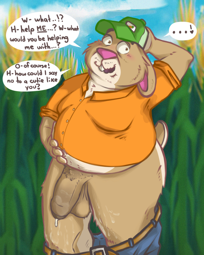 1boy 2022 4:5 absurd_res anthro balls belly big_balls big_belly big_penis blush bodily_fluids bottomwear bottomwear_down brown_body brown_fur clothed clothing cum cum_drip cum_string dialogue disney dripping english_text fur genital_fluids genitals half-erect hi_res holding_belly lagomorph leporid looking_at_viewer male male_only mammal mature_male multicolored_body overweight overweight_male pants pants_down partially_clothed penis rabbit silbad smile smiling_at_viewer solo stu_hopps sweat text two_tone_body zootopia