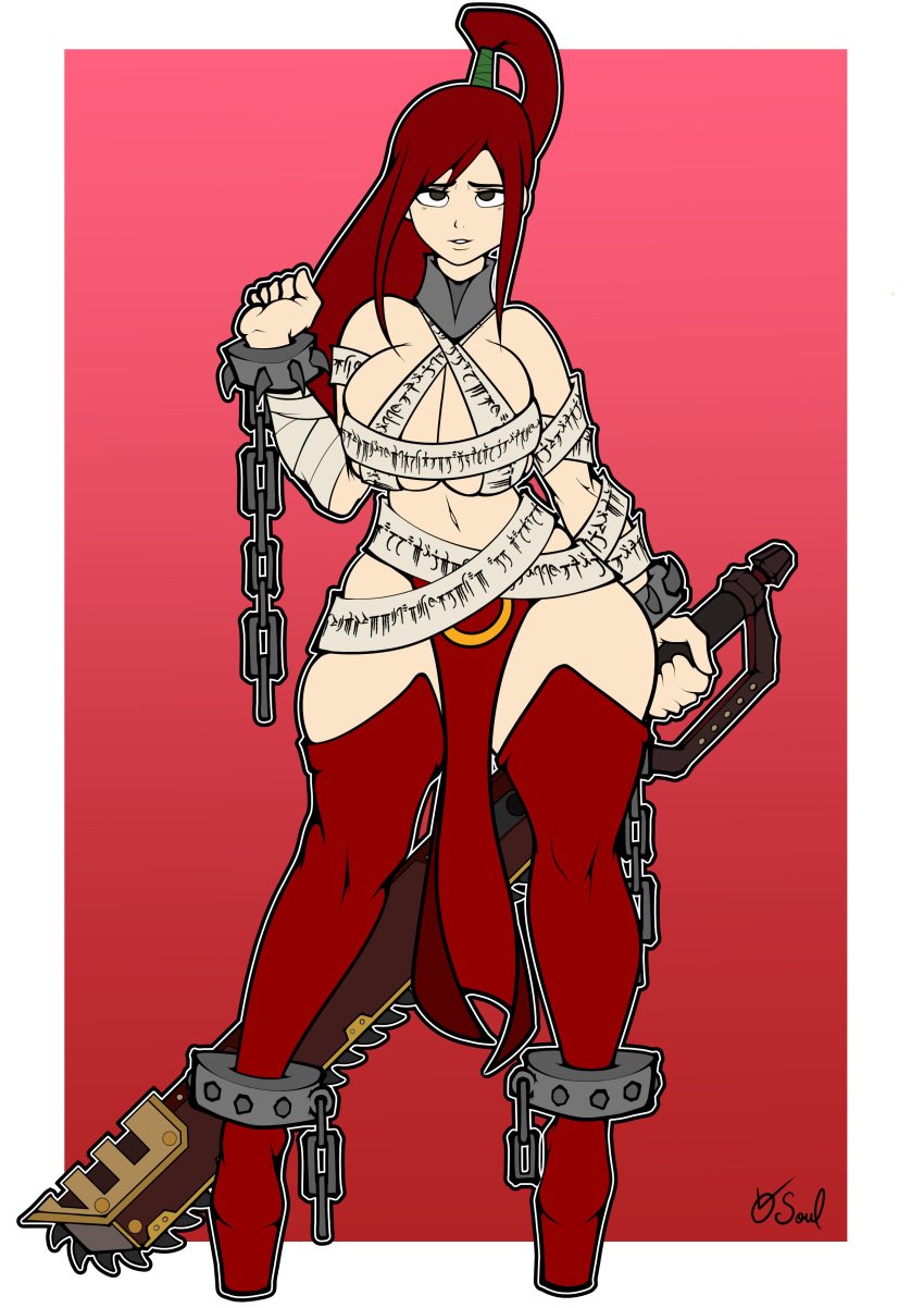 1girls adepta_sororitas chains chainsword crossover erza_scarlet fairy_tail female female_only imperium_of_man red_hair sister_of_battle sister_repentia solo solo_female spiked_cuffs sword thigh_boots vsoulworks warhammer_(franchise) warhammer_40k