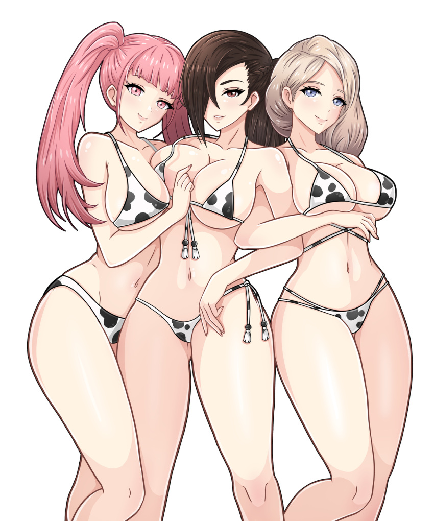 3girls alternate_costume animal_print ass_visible_through_thighs asymmetrical_docking bangs bare_legs bare_shoulders between_breasts bikini blonde_hair blue_eyes braid breasts brown_eyes brown_fur brown_hair cleavage collarbone commission cow_print cow_print_bikini female female_only fire_emblem fire_emblem:_three_houses fire_emblem_fates hair_over_one_eye highres hilda_valentine_goneril in-franchise_crossover kagero_(fire_emblem) large_breasts legs long_hair looking_at_viewer mercedes_von_martritz multiple_girls navel nintendo nirainini pink_eyes pink_hair ponytail shoulders side-tie_bikini_bottom side_ponytail sideboob smile swimsuit twintails underboob