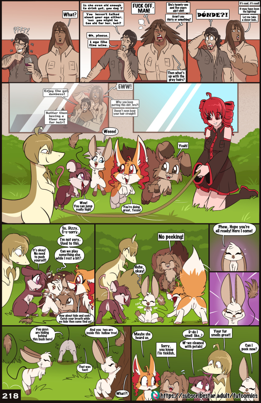 2022 amber_(fuf) anus black_hair blue_eyes blush breasts brown_body brown_eyes brown_fur brown_hair canid canine clothed clothing comic dan_(fuf) dialogue dipstick_ears dizzy elliot_(fuf) english_text female fennec feral fox fuf fur generation_1_pokemon generation_5_pokemon genitals green_hair group hair hi_res human inner_ear_fluff kyra_(fuf) liam_(fuf) male mammal multicolored_ears murid murine nintendo orange_body orange_fur page_218 pokémon_(species) pokemon pokemon_(species) pussy rattata red_hair reptile rita_(fuf) rodent scalie servine tail_motion tesla_(fuf) text tuft video_games white_body white_fur