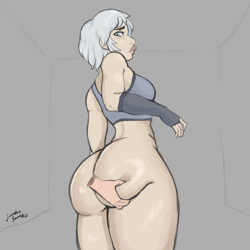 albino ass ass_grab big_ass blue_eyes bottomless disembodied_hand dutch frown iana_(rainbow_six) jumbogumbo no_panties pale_skin plain_background rainbow_six rainbow_six_siege solo sports_bra tagme thick_thighs white_hair