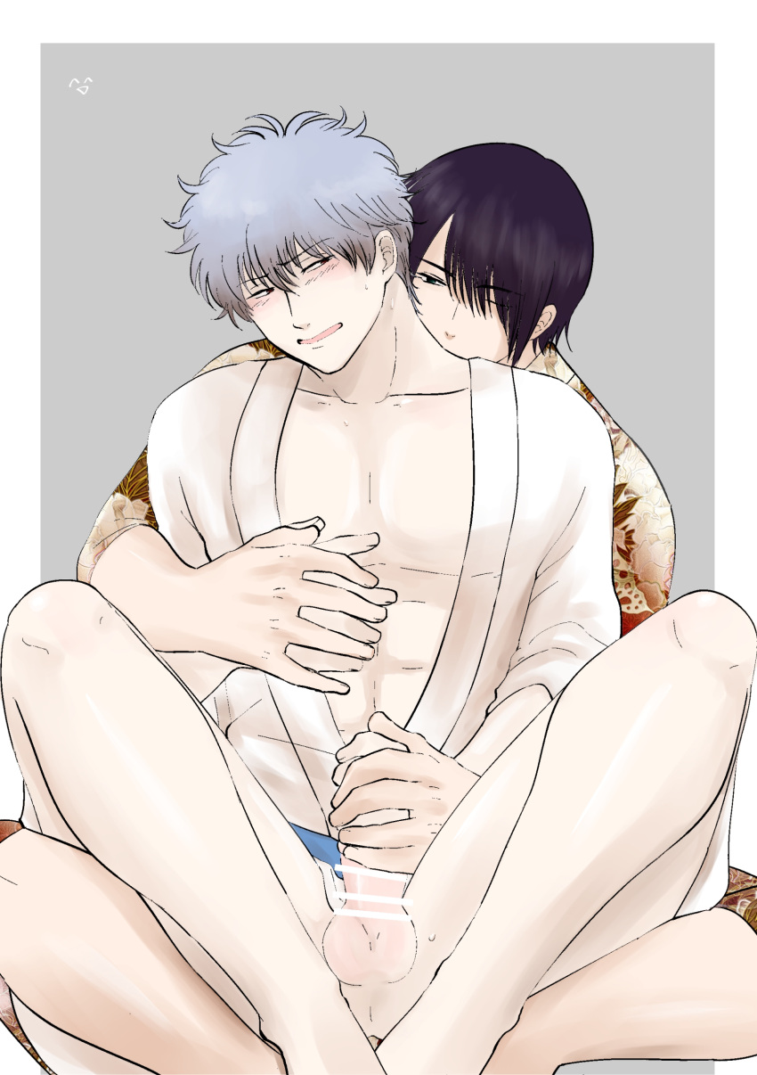 2boys bar_censor blush dark_hair erection from_behind gay gintama gintoki_sakata hand_on_chest hand_on_hand handjob kimono male male_only masturbation nasdon1202 no_underwear open_kimono penis purple_hair reach_around silver_hair sitting sitting_on_lap sitting_on_person takasugi_shinsuke yaoi