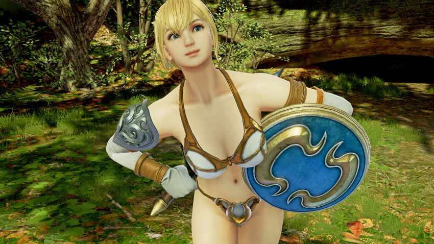 1girls alluring armored_bikini blonde_hair cassandra_alexandra cleavage green_eyes project_soul silf soul_calibur soul_calibur_ii soul_calibur_iii soul_calibur_vi sword_and_shield