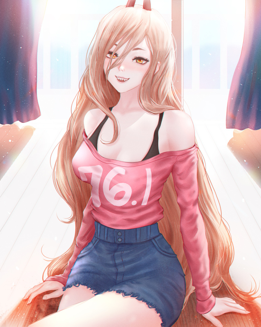 bare_shoulders bra casual chainsaw_man cleavage female female_only light-skinned_female light_skin mcdobo power_(chainsaw_man) shirt_down sitting sitting_down skirt smiling_at_viewer