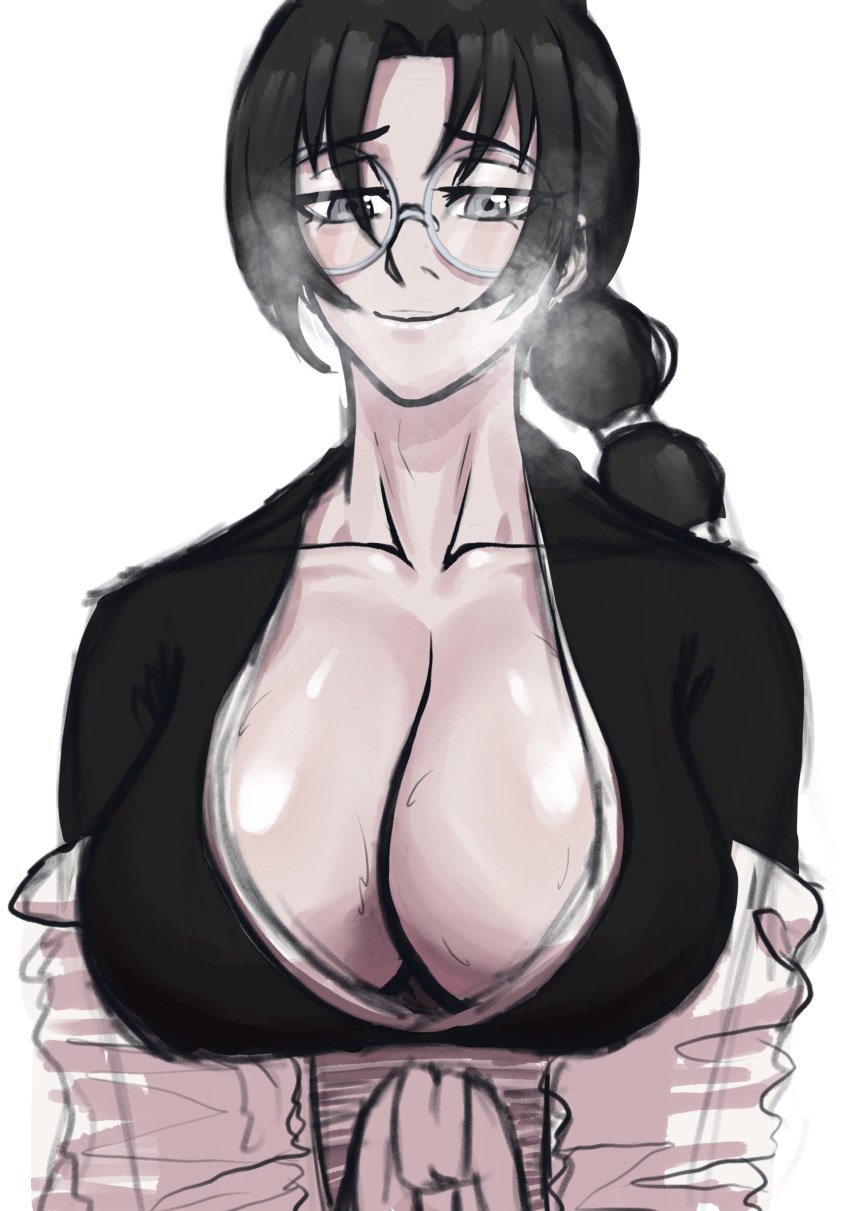 big_breasts black_hair bleach bleach:_the_thousand-year_blood_war breast_squeeze breasts breasts_out cleavage clothed clothing glasses hiddenfuchsia japanese_clothes katori_batsu'unsai large_breasts pale_skin redfushsia solo solo_female solo_focus sweat