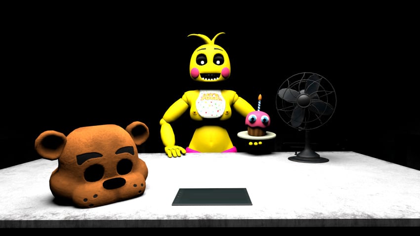 3d breasts cupcake_(fnaf) fan five_nights_at_freddy's freddy_mask_(fnaf) mask source_filmmaker table tablet toy_chica_(fnaf) yellow_skin