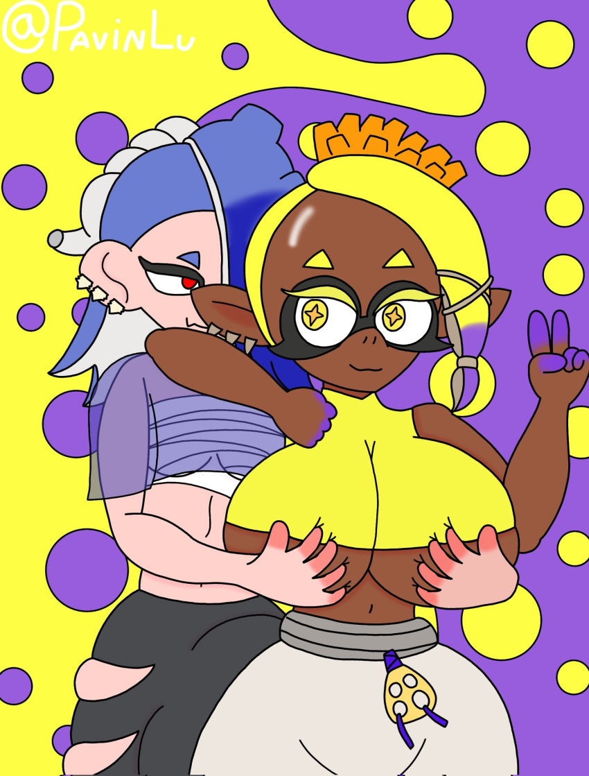 1futa 1girls balls bare_shoulders big_ass big_breasts big_butt big_penis blue_hair breasts bulge bulge_through_clothing clothed clothing dark-skinned_female dark_skin duo female flaccid frye_(splatoon) fully_clothed futa_on_female futanari huge_cock humanoid inkling light-skinned_futanari light_skin octoling penis pldrawings seductive_smile shiver_(splatoon) short_hair shortstack splatoon splatoon_3 standing thick_thighs wide_hips yellow_eyes yellow_hair yuri