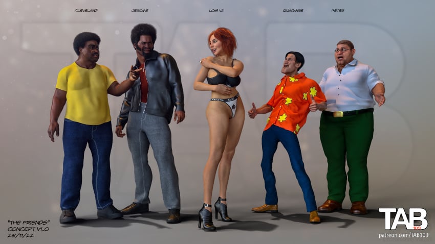 1girls 3d 4boys cleveland_brown dark-skinned_male dark_skin english_text family_guy female glenn_quagmire interracial jerome_washington lois_griffin male peter_griffin queen_of_spades red_hair tab109 text