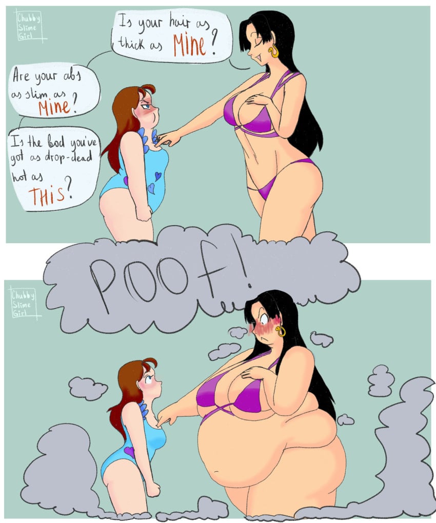 2girls attribute_swap big_breasts boa_hancock breasts female female_only morbidly_obese obese one_piece overweight overweight_female weight_gain weight_loss