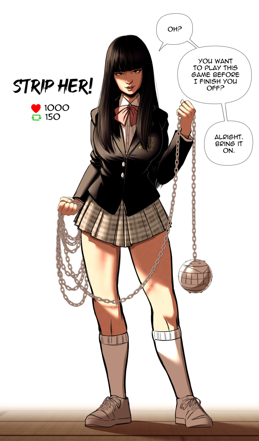 asian asian_female black_hair chains gogo_yubari kidetic kill_bill kusujinn looking_at_viewer skirt socks tagme