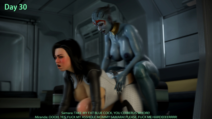 1futa 1girls 3d asari banap big_penis black_hair blender blender_(software) blue_skin blush breasts comic comic_page dialogue doggy_style english english_dialogue english_text female futa_on_female futanari huge_cock mass_effect miranda_lawson mommy_kink no_nut_november nude nude_futanari penis samara self_upload sex stomach_bulge tagme text tits