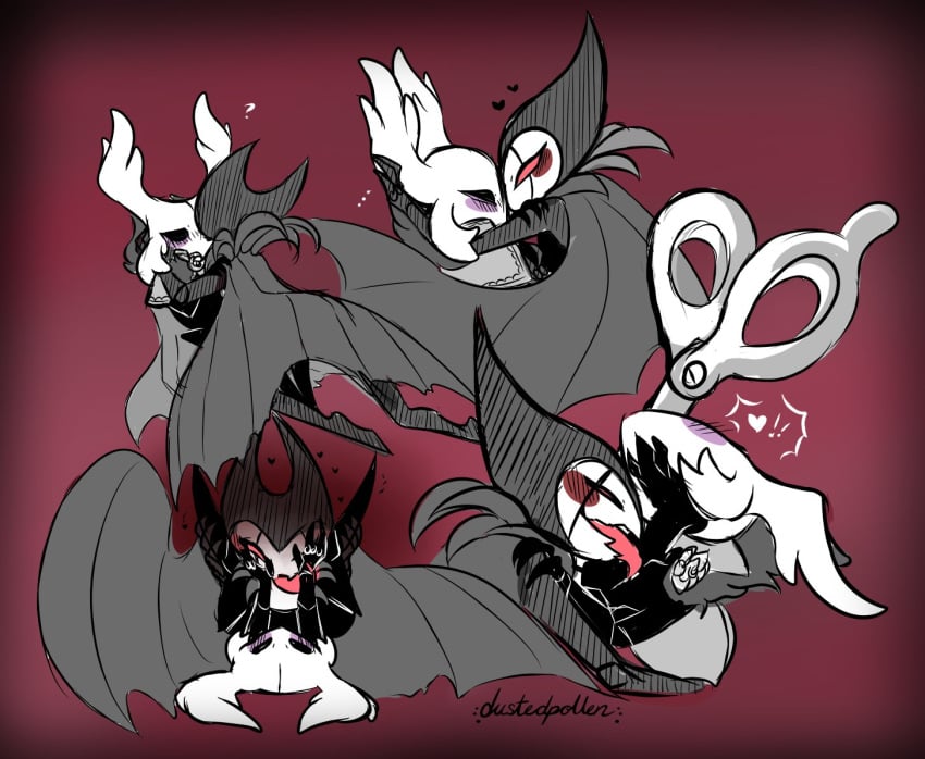 accessory anthro arthropod blush clothing duo dustedpollen female flower grimm_(hollow_knight) heart hollow_knight horn insects male male/female mask plant questionable_consent scissors tongue tongue_out vessel_(species)