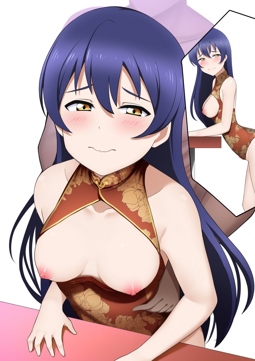 1boy absurdres bangs blue_hair blush breasts china_dress chinese_clothes clothed_female_nude_male clothed_sex dress female highres implied_sex limelam06 long_hair looking_at_viewer love_live! love_live!_school_idol_festival multiple_views nipples nude small_breasts solo_focus sonoda_umi straight straight_hair torso_grab wavy_mouth yellow_eyes