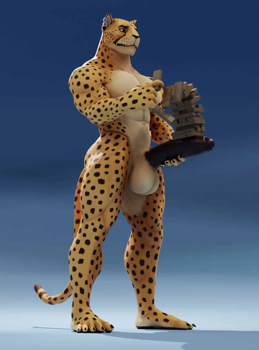 1boy 3d_(artwork) anthro balls big_balls big_penis cheetah countershading digital_media_(artwork) erection euphrates f-euphrates felid feline fur genitals hi_res huge_balls huge_cock humanoid_genitalia humanoid_penis hybrid jenga leopard male mammal muscular muscular_anthro muscular_male nude pantherine pecs penis simple_background solo spots spotted_body spotted_fur thick_thighs