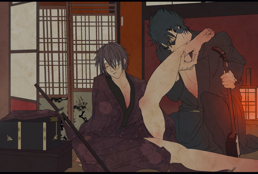 2boys bandaged_head bandages bare_legs barefoot clothed dark_hair detailed_background eo_(artist) eye_patch foreplay gay gintama headphones hi_res indoors intimate kawakami_bansai kimono kissing lantern leather_jacket leg_lift leg_up male male_only musical_instrument romantic romantic_ambiance shamisen shouji shunga sunglasses takasugi_shinsuke yaoi yin_yang