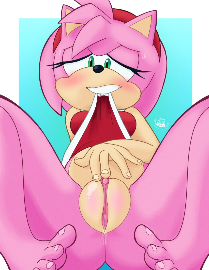 amy_rose anthro biting_clothing bodily_fluids boyhowdy clitoral_hood clitoris clothed clothing clothing_lift clothing_pull eulipotyphlan feet female genital_fluids genitals hedgehog hi_res mammal masturbation pussy pussy_juice sega solo sonic_(series) sonic_the_hedgehog_(series) spread_legs spreading sweat toes video_games