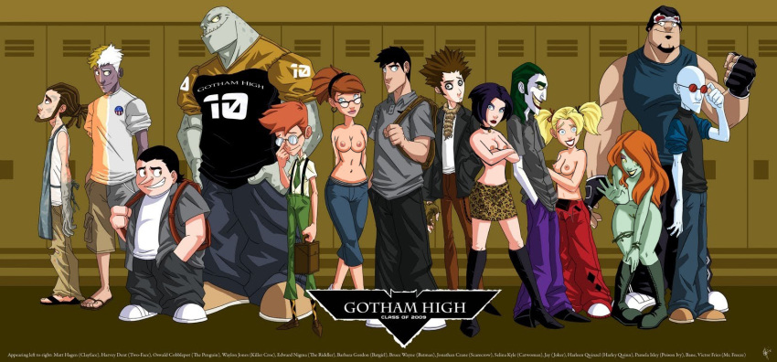 10boys 4girls bane barbara_gordon batgirl batman batman_(series) breasts bruce_wayne casual catwoman clayface clothed dark_skin dc dc_comics eyewear female gotham_high green_hair harley_quinn harvey_dent human joker jonathan_crane killer_croc locker male mr._freeze multiple_girls pale_skin poison_ivy riddler scarecrow scarecrow_(dc) selina_kyle the_penguin two-face victor_fries