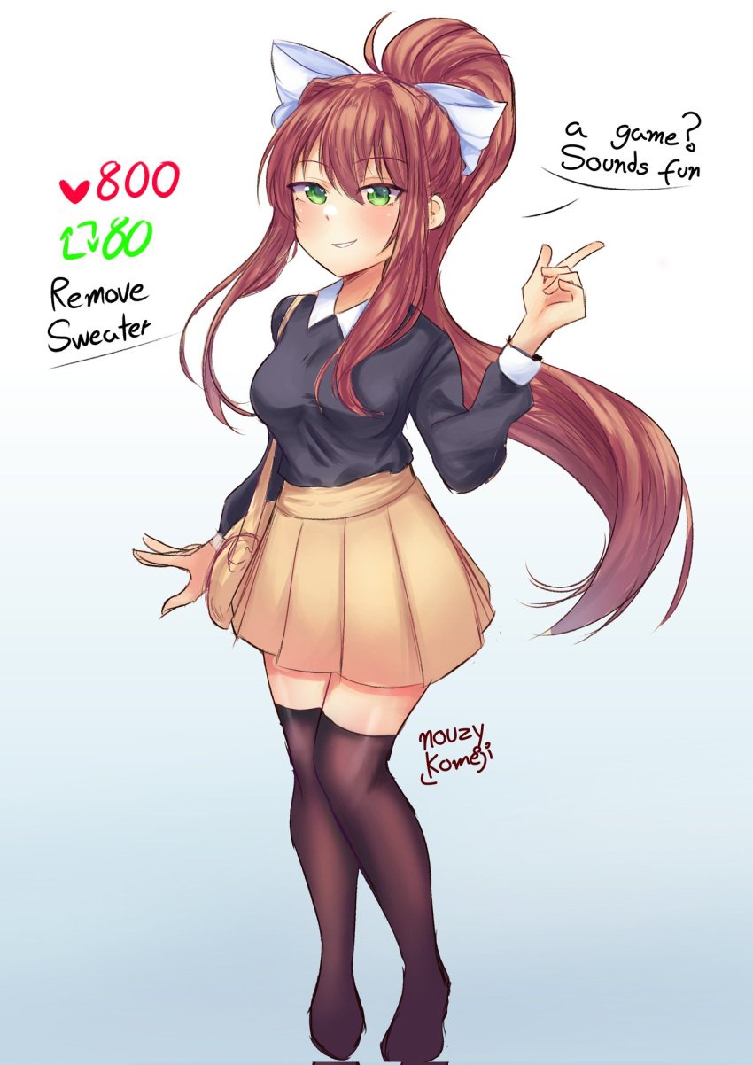 5_fingers doki_doki_literature_club english_text green_eyes heart_icon komeji_nouzy long_hair monika_(doki_doki_literature_club) number numbers retweet_icon skirt strip_game text white_background