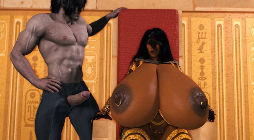 1boy 1girls 3d 3d_(artwork) abs ancient_egypt ancient_egyptian artist_name ass big_areolae big_ass big_breasts big_nipples big_pecs black_hair breasts breasts_bigger_than_body breasts_bigger_than_head brown_body brown_hair brown_nipples brown_skin busty cleavage curvy dark-skinned_female dark_hair dark_skin deltoids egypt egyptian egyptian_female egyptian_mythology enormous_breasts erection eyebrows eyelashes eyes female female_focus gigantic_breasts glands_of_montgomery gold_jewelry hair hand_on_hip hips hourglass_figure huge_areolae huge_breasts huge_nipples human hyper hyper_areolae hyper_breasts laceration large_breasts legs legwear lips long_hair looking_at_penis male male/female massive_breasts mature_female muscles muscular_male nipple_piercings nipple_rings no_shirt ocelotte original original_character pants_only pecs penis penis_through_fly pices presenting_penis queen queen_titahatenamun_ebonee royalty sitting straight tale_of_ebonee thick thick_legs thick_thighs thighs throne top_heavy_breasts topless topless_male virt-a-mate voluptuous wide_hips