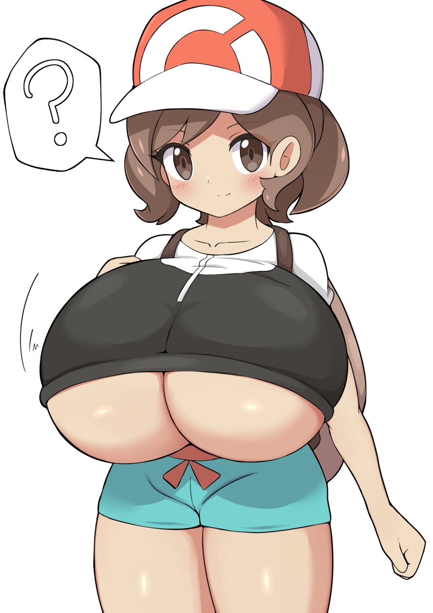 1girls ? alternate_breast_size bare_shoulders big_breasts breasts brown_eyes brown_hair clothed clothed_female clothes clothing elaine_(pokemon) female female_only fully_clothed hat hips huge_breasts human human_only hyper hyper_breasts jaga334 large_breasts long_hair nintendo pokemon pokemon_lgpe shorts solo standing thick thick_thighs thighs tight_clothing top_heavy wide_hips