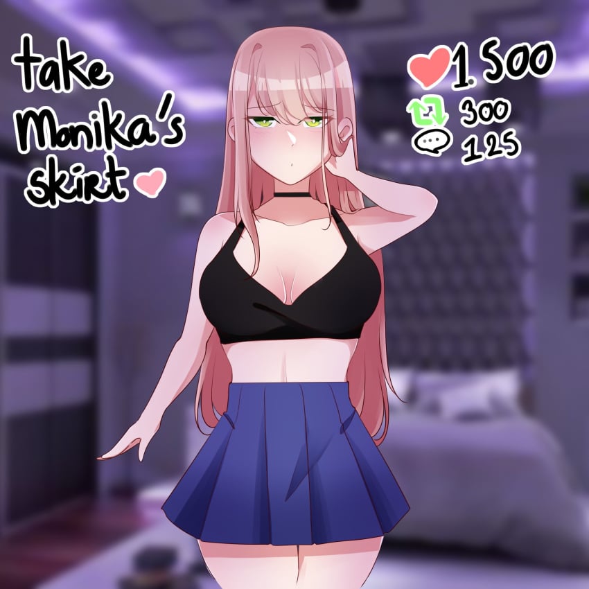 blue_skirt cleavage comment_icon cyntixo doki_doki_literature_club english_text heart heart_icon long_hair monika_(doki_doki_literature_club) number numbers retweet_icon skirt strip_game text