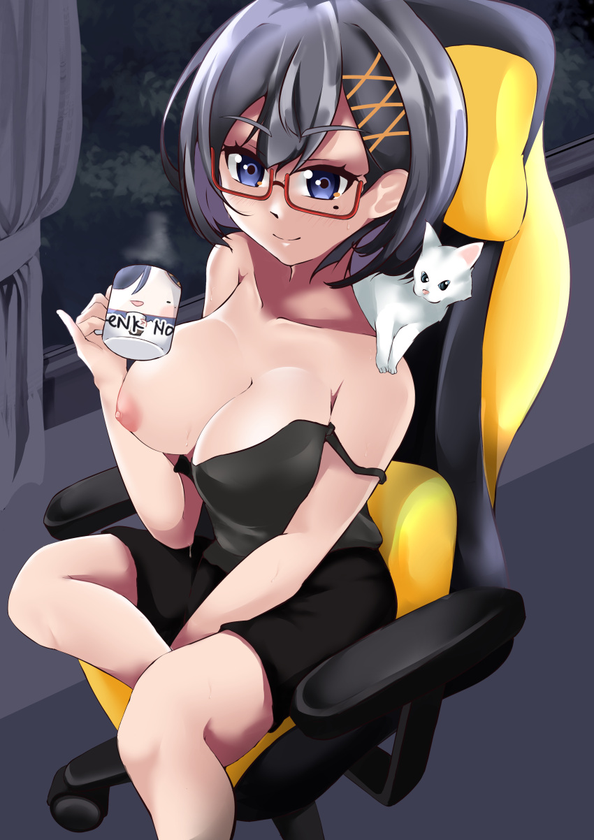 1girls bare_breasts bare_shoulders big_breasts black_hair blue_eyes blush_lines breasts breasts_out casual casual_exposure chair cleavage exposed_breasts exposed_shoulders feline gaming_chair glasses habe hairclip holding_cup holding_object loose_clothes medium_breasts mole mole_under_eye nijisanji nijisanji_indonesia siska_leontyne sitting solo solo_female solo_focus virtual_youtuber x_hair_ornament