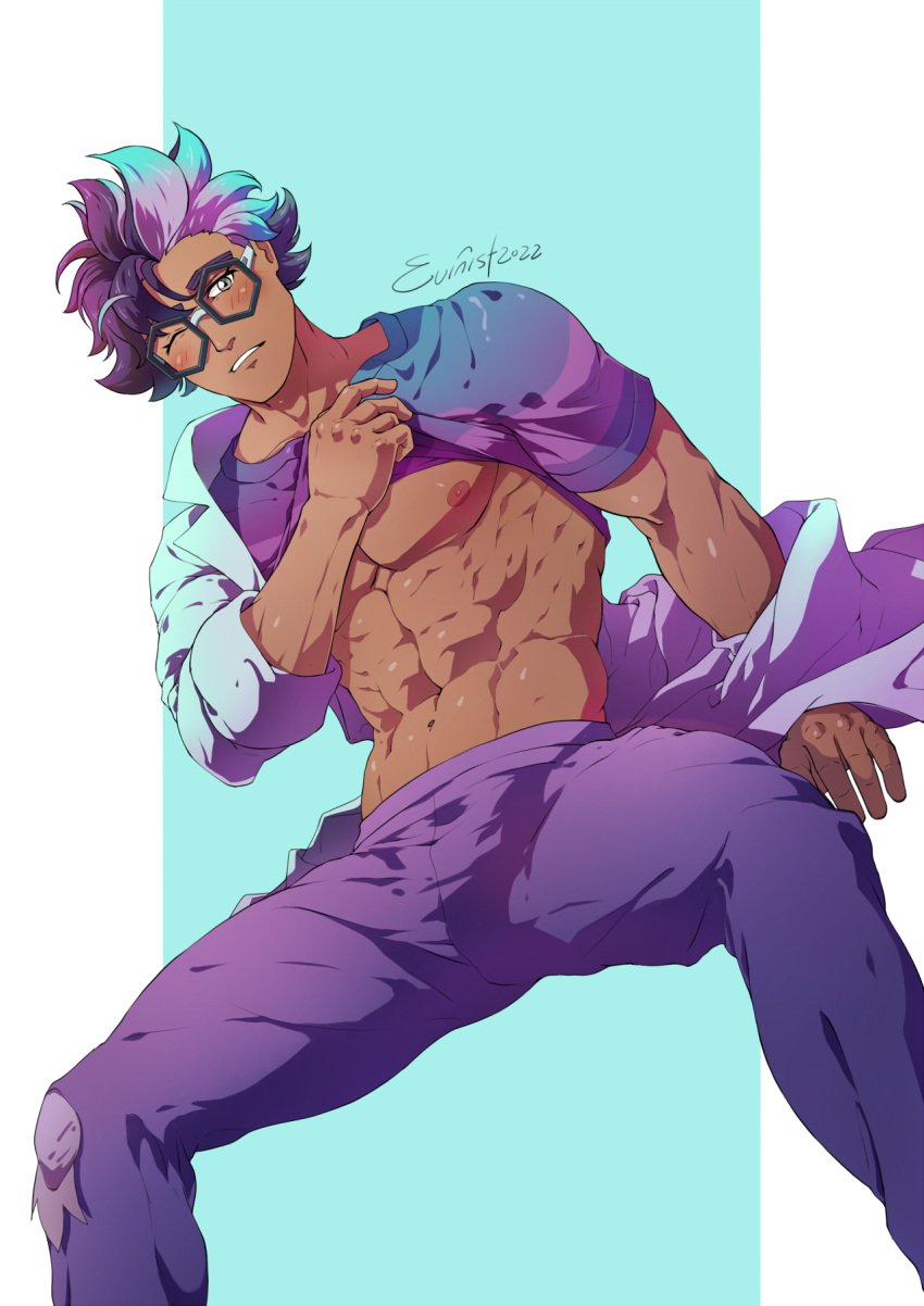 bulge embarrassed evinist glasses jacq_(pokemon) male male_only melanin muscles muscular muscular_male pokemon pokemon_sv shirt_lift spread_legs zinnia_(pokemon_sv)