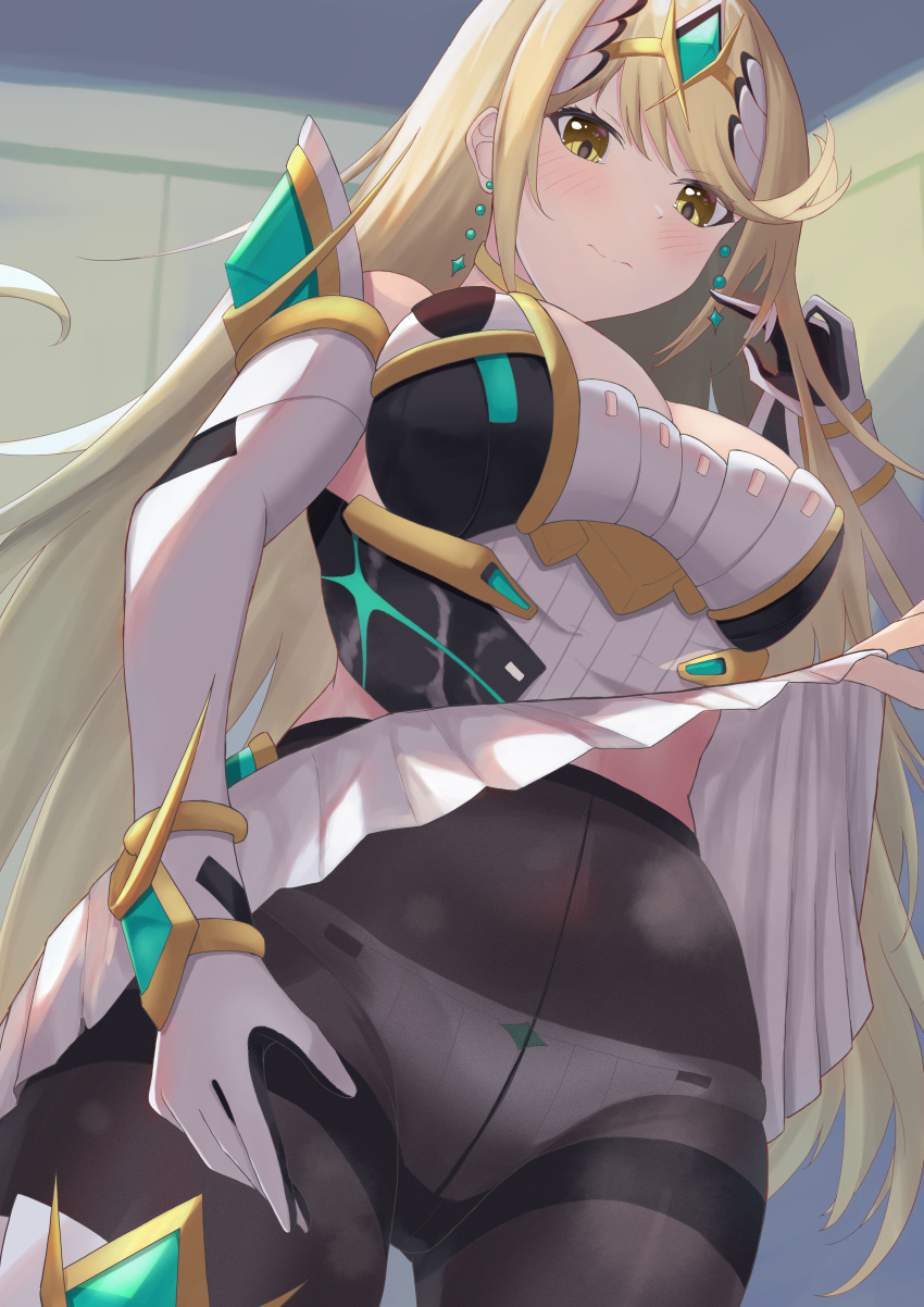 1girls blonde_hair blush breasts clothed embarrassed female huge_breasts large_breasts light-skinned_female light_skin long_hair mythra mythra_(massive_melee)_(xenoblade) nintendo panties panties_under_pantyhose pantyhose shiratamaaji skirt_lift tights white_panties xenoblade_(series) xenoblade_chronicles_2 yellow_eyes