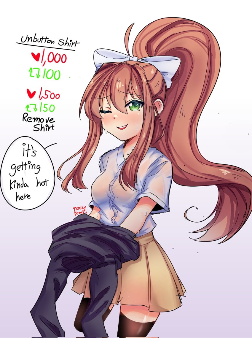 doki_doki_literature_club english_text eye_closed green_eyes heart_icon komeji_nouzy long_hair monika_(doki_doki_literature_club) number numbers one_eye_closed retweet_icon strip_game text white_background