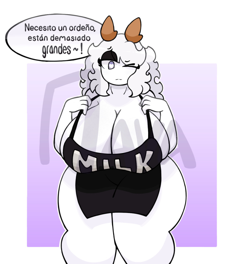 anthro apron apron_only apron_pull big_ass big_breasts big_butt big_nipples big_thighs breast deer deer_girl deer_horns demon demon_girl enjoying heart_eyes horns kay_(srnava) milf mother oc spanish_text srnava text text_bubble thick_thighs thighs thighs_together white_hair white_skin