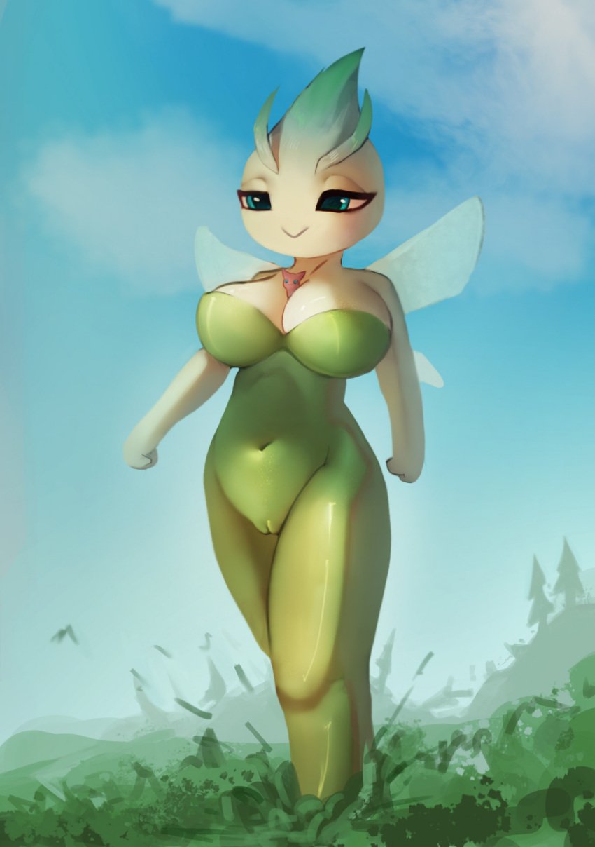 blue_eyes breasts celebi female generation_2_pokemon genitals green_body green_skin hi_res humanoid legendary_pokemon macro nintendo pokémon_(species) pokemon pokemon_(species) pokemorph pussy solo ti-suger video_games