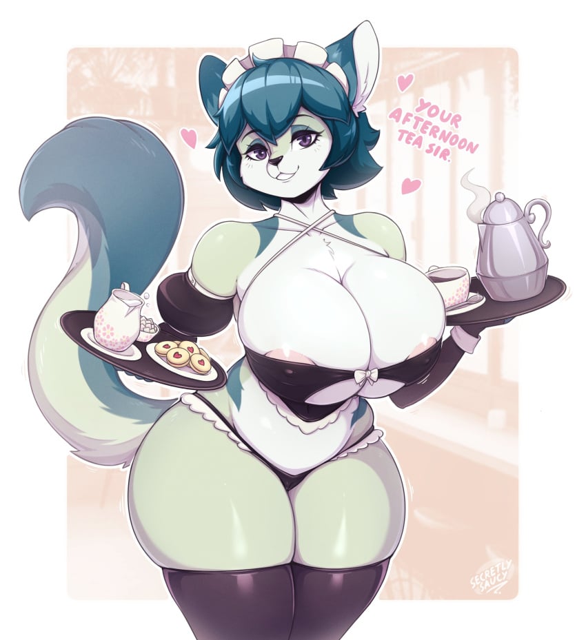 anthro areola_slip big_breasts breast_expansion breasts cat curvy felid feline female furry hearts jammy_dodgers legwear lingerie maid oc original original_character secretly_saucy serving solo solo_female text thick_thighs underwear zephyr_(rheyarezeta)