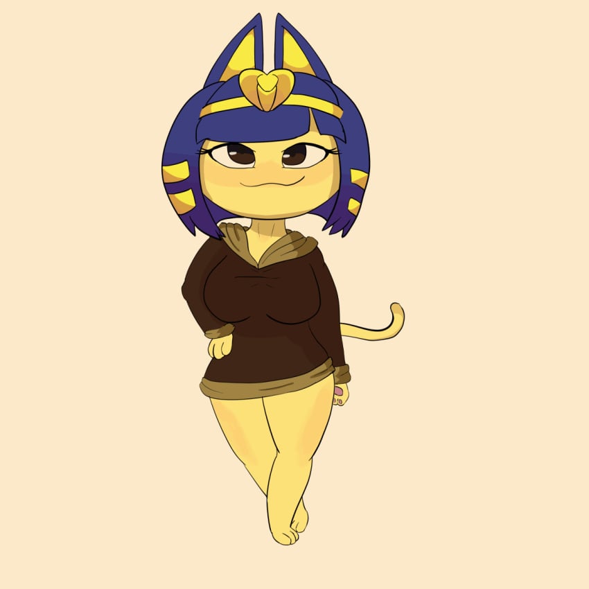 accessory animal_crossing animated ankha ankha_(animal_crossing) anthro blush breasts clothing domestic_cat felid feline felis female hair_accessory hi_res hoodie mammal nintendo nipples pawpads paws pointed_ears safe smug snake_hood solo tail topwear video_games