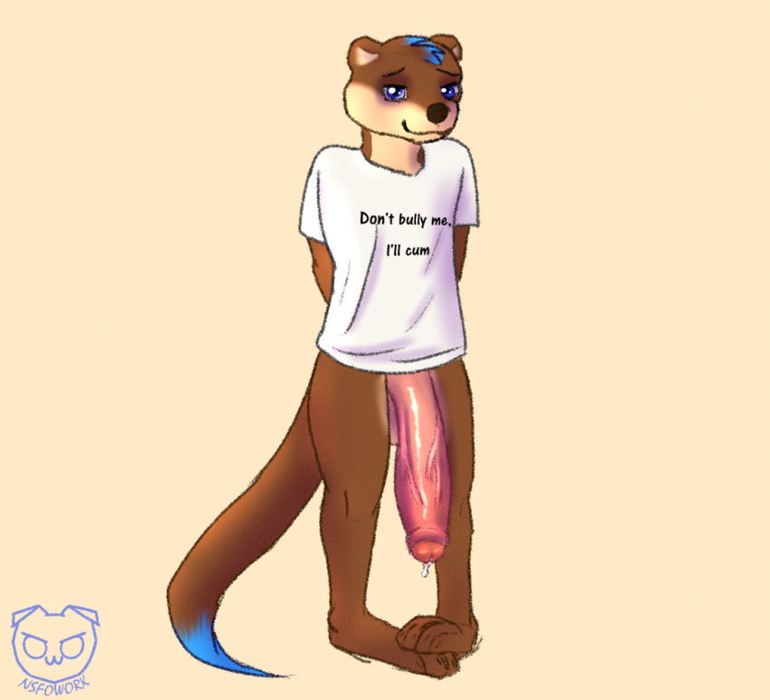 anthro balls big_penis blue_eyes blue_hair bodily_fluids bottomless brown_body brown_fur brown_skin clothed clothing countershading cum cum_on_penis don't_bully_me_i'll_cum foreskin fur genital_fluids genitals hair hands_behind_back highlights_(coloring) huge_cock humanoid_genitalia lutrine male male_focus mammal marwin_(nsfowork) meme meme_clothing mustelid nervous nsfowork penis plantigrade precum solo vein veiny_penis