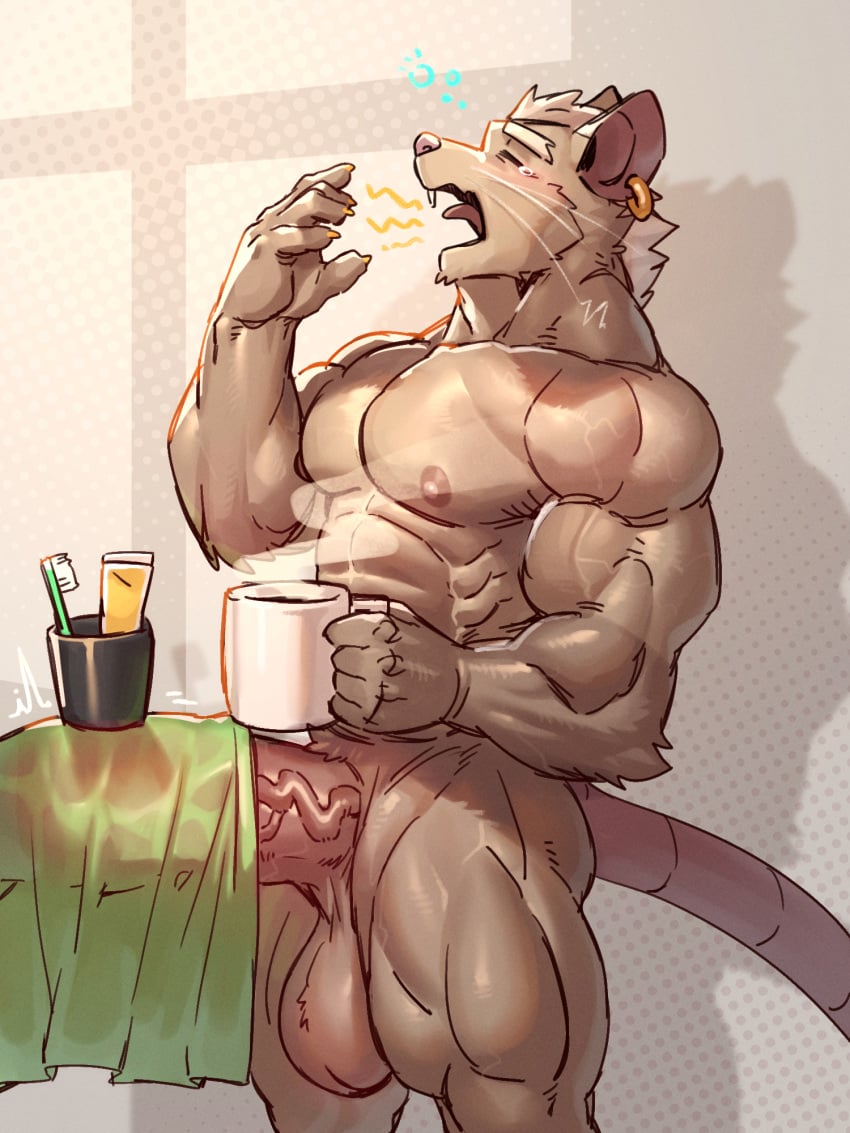 anthro balls bedding biceps big_balls big_penis blanket covered_penis covering ear_piercing elbow_tuft erection genitals hair hi_res holding_mug holding_object huge_cock huge_thighs hyper hyper_genitalia hyper_penis male male_only mammal morning morning_wood mug murid murine muscular muscular_anthro muscular_male muscular_thighs nude object_on_penis oda_(vorusuarts) open_mouth pecs penis piercing rat rodent saggy_balls solo thick_thighs vein veiny_muscles veiny_penis vorusuarts white_hair yawn